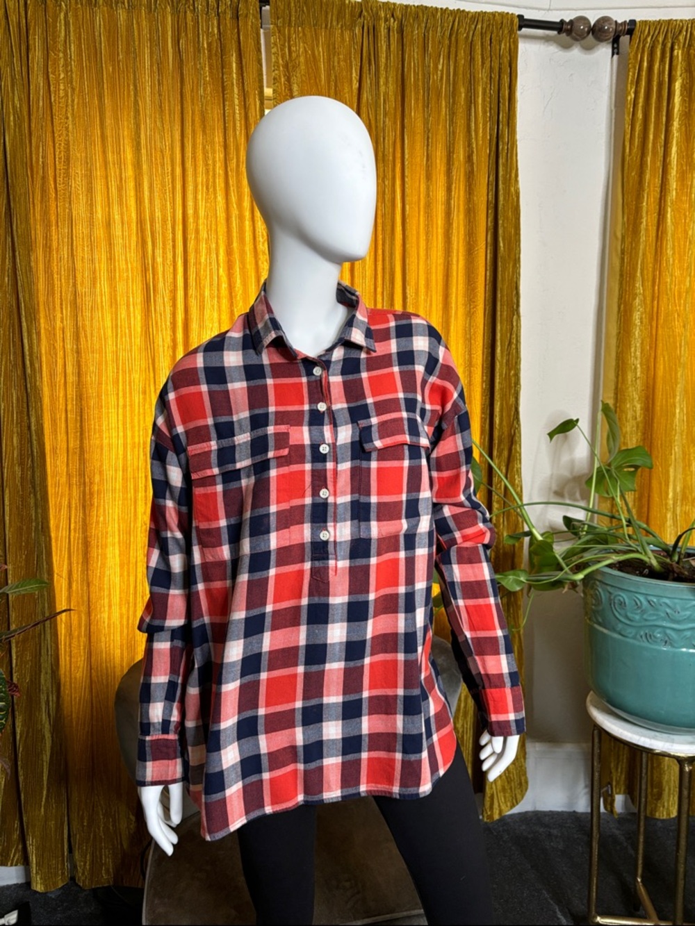 Old Navy Red, Navy and White Plaid Boyfriend Shirt